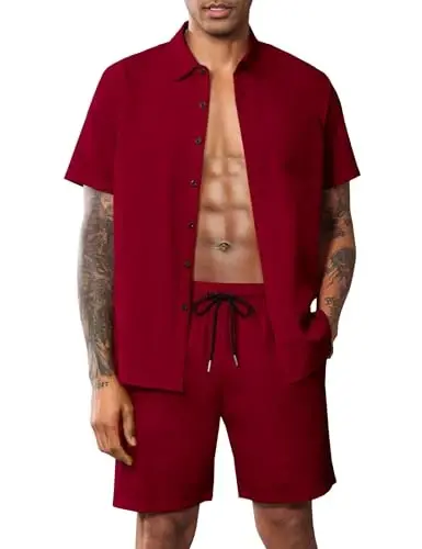LecGee Men Summer Casual Short Sets Solid Short Sleeve Pocket Button Down Shirt Elastic Shorts 2 Piece Outfits Tracksuit - LECGEE