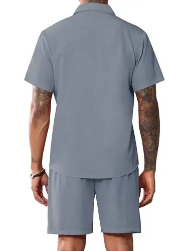 LecGee Men Summer Casual Short Sets Solid Short Sleeve Pocket Button Down Shirt Elastic Shorts 2 Piece Outfits Tracksuit - 3