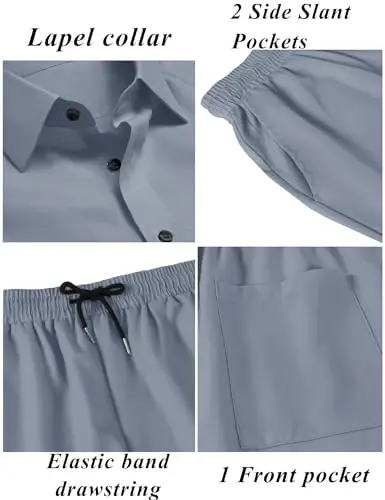LecGee Men Summer Casual Short Sets Solid Short Sleeve Pocket Button Down Shirt Elastic Shorts 2 Piece Outfits Tracksuit - 5