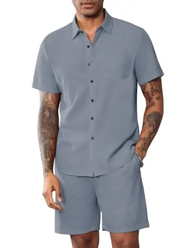 LecGee Men Summer Casual Short Sets Solid Short Sleeve Pocket Button Down Shirt Elastic Shorts 2 Piece Outfits Tracksuit - LECGEE (1)