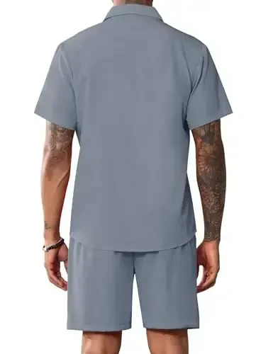 LecGee Men Summer Casual Short Sets Solid Short Sleeve Pocket Button Down Shirt Elastic Shorts 2 Piece Outfits Tracksuit - 3