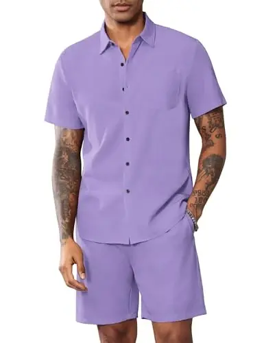 LecGee Men Summer Casual Short Sets Solid Short Sleeve Pocket Button Down Shirt Elastic Shorts 2 Piece Outfits Tracksuit - 2