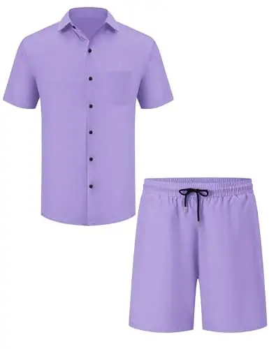 LecGee Men Summer Casual Short Sets Solid Short Sleeve Pocket Button Down Shirt Elastic Shorts 2 Piece Outfits Tracksuit - 4