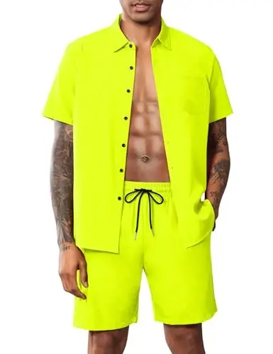 LecGee Men Summer Casual Short Sets Solid Short Sleeve Pocket Button Down Shirt Elastic Shorts 2 Piece Outfits Tracksuit - 1