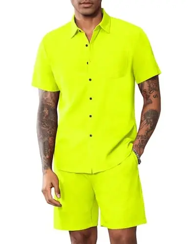 LecGee Men Summer Casual Short Sets Solid Short Sleeve Pocket Button Down Shirt Elastic Shorts 2 Piece Outfits Tracksuit - 2