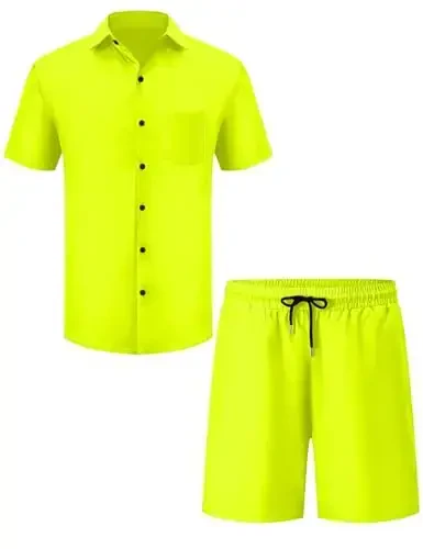 LecGee Men Summer Casual Short Sets Solid Short Sleeve Pocket Button Down Shirt Elastic Shorts 2 Piece Outfits Tracksuit - 4