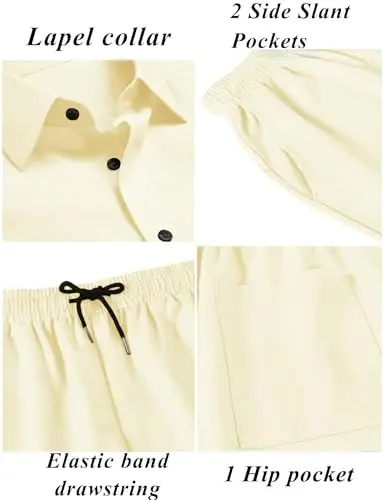 LecGee Men Summer Casual Short Sets Solid Short Sleeve Pocket Button Down Shirt Elastic Shorts 2 Piece Outfits Tracksuit - 4