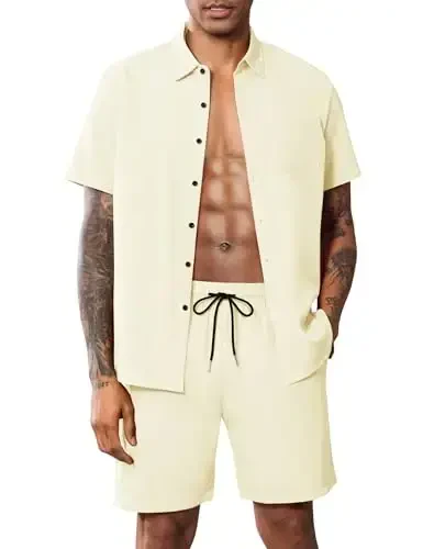 LecGee Men Summer Casual Short Sets Solid Short Sleeve Pocket Button Down Shirt Elastic Shorts 2 Piece Outfits Tracksuit - MODAZONE