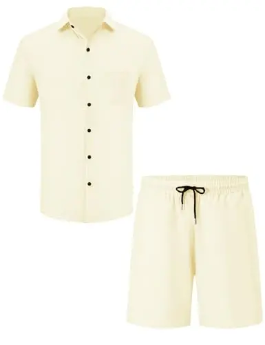 LecGee Men Summer Casual Short Sets Solid Short Sleeve Pocket Button Down Shirt Elastic Shorts 2 Piece Outfits Tracksuit - 5