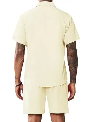 LecGee Men Summer Casual Short Sets Solid Short Sleeve Pocket Button Down Shirt Elastic Shorts 2 Piece Outfits Tracksuit - 3