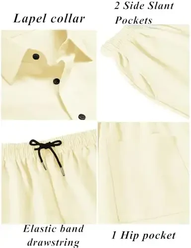 LecGee Men Summer Casual Short Sets Solid Short Sleeve Pocket Button Down Shirt Elastic Shorts 2 Piece Outfits Tracksuit - 4