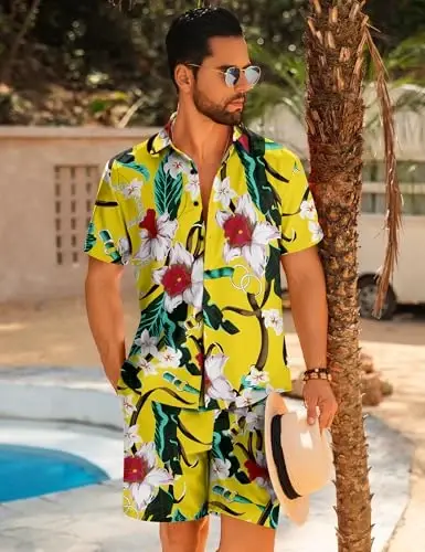 LecGee Men Summer Casual Short Sets Solid Short Sleeve Pocket Button Down Shirt Elastic Shorts 2 Piece Outfits Tracksuit - 4