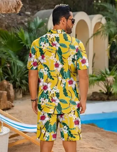 LecGee Men Summer Casual Short Sets Solid Short Sleeve Pocket Button Down Shirt Elastic Shorts 2 Piece Outfits Tracksuit - 6