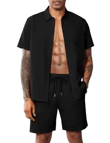 LecGee Men Summer Casual Short Sets Solid Short Sleeve Pocket Button Down Shirt Elastic Shorts 2 Piece Outfits Tracksuit - LECGEE