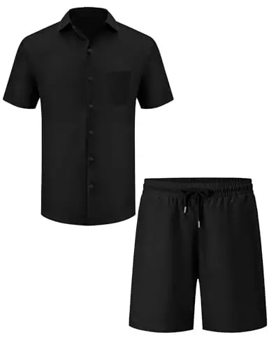 LecGee Men Summer Casual Short Sets Solid Short Sleeve Pocket Button Down Shirt Elastic Shorts 2 Piece Outfits Tracksuit - 4