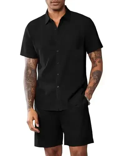 LecGee Men Summer Casual Short Sets Solid Short Sleeve Pocket Button Down Shirt Elastic Shorts 2 Piece Outfits Tracksuit - MODAZONE (1)