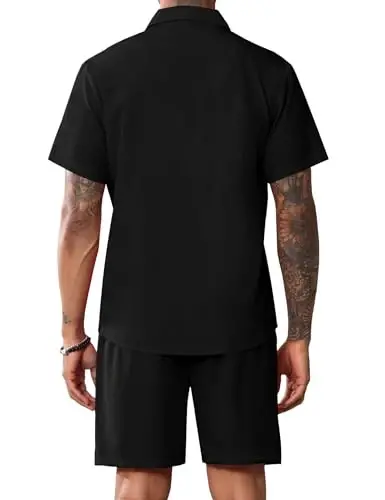 LecGee Men Summer Casual Short Sets Solid Short Sleeve Pocket Button Down Shirt Elastic Shorts 2 Piece Outfits Tracksuit - 3
