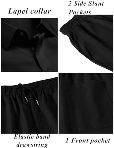 LecGee Men Summer Casual Short Sets Solid Short Sleeve Pocket Button Down Shirt Elastic Shorts 2 Piece Outfits Tracksuit - 5