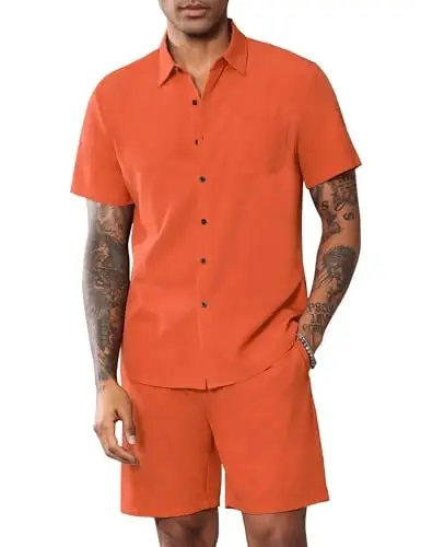 LecGee Men Summer Casual Short Sets Solid Short Sleeve Pocket Button Down Shirt Elastic Shorts 2 Piece Outfits Tracksuit - 2