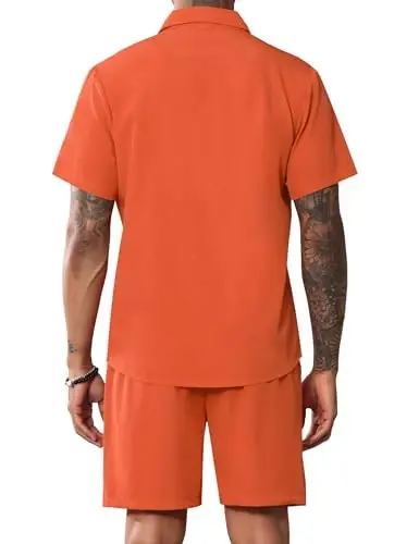 LecGee Men Summer Casual Short Sets Solid Short Sleeve Pocket Button Down Shirt Elastic Shorts 2 Piece Outfits Tracksuit - 3