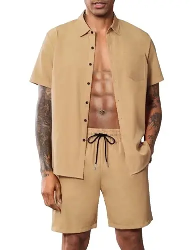 LecGee Men Summer Casual Short Sets Solid Short Sleeve Pocket Button Down Shirt Elastic Shorts 2 Piece Outfits Tracksuit - MODAZONE