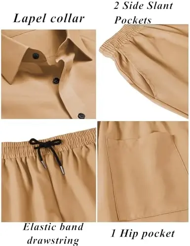 LecGee Men Summer Casual Short Sets Solid Short Sleeve Pocket Button Down Shirt Elastic Shorts 2 Piece Outfits Tracksuit - 4