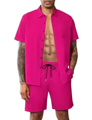 LecGee Men Summer Casual Short Sets Solid Short Sleeve Pocket Button Down Shirt Elastic Shorts 2 Piece Outfits Tracksuit 