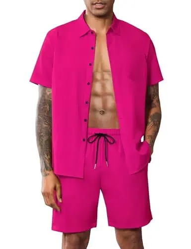 LecGee Men Summer Casual Short Sets Solid Short Sleeve Pocket Button Down Shirt Elastic Shorts 2 Piece Outfits Tracksuit - 1