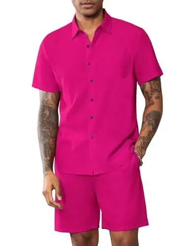 LecGee Men Summer Casual Short Sets Solid Short Sleeve Pocket Button Down Shirt Elastic Shorts 2 Piece Outfits Tracksuit - MODAZONE (1)