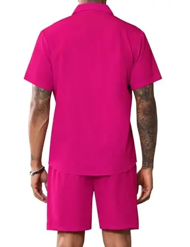 LecGee Men Summer Casual Short Sets Solid Short Sleeve Pocket Button Down Shirt Elastic Shorts 2 Piece Outfits Tracksuit - 3