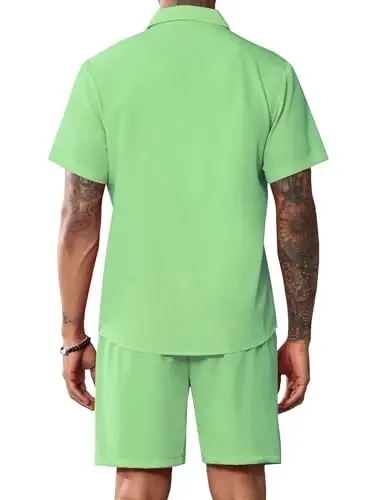 LecGee Men Summer Casual Short Sets Solid Short Sleeve Pocket Button Down Shirt Elastic Shorts 2 Piece Outfits Tracksuit - 3