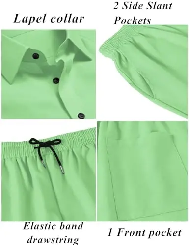 LecGee Men Summer Casual Short Sets Solid Short Sleeve Pocket Button Down Shirt Elastic Shorts 2 Piece Outfits Tracksuit - 5