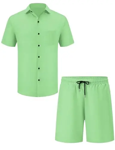 LecGee Men Summer Casual Short Sets Solid Short Sleeve Pocket Button Down Shirt Elastic Shorts 2 Piece Outfits Tracksuit - 4