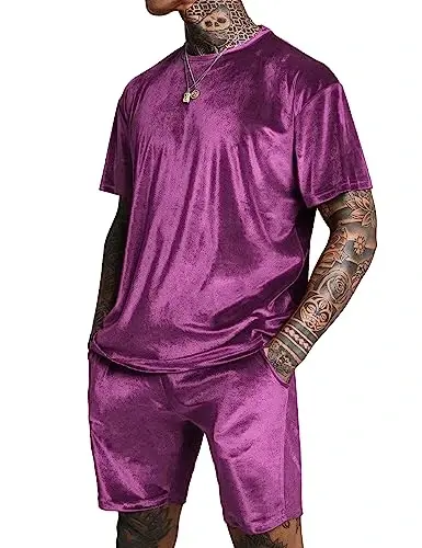 LecGee Men Summer Casual Sets Velour Short Sleeve Crewneck Shirt Pullover Elastic Waist Shorts 2 Piece Outfits Tracksuit - 1
