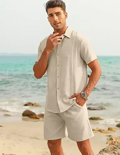 LecGee Linen Sets For Men Button Down Cuban Guayabera Shirt Shorts Set 2 Piece Linen Outfits - MODAZONE (1)