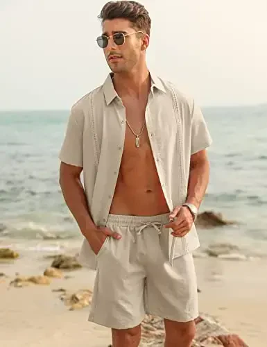 LecGee Linen Sets For Men Button Down Cuban Guayabera Shirt Shorts Set 2 Piece Linen Outfits - 4