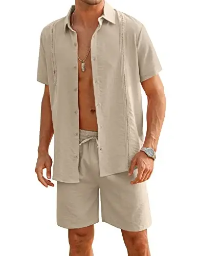 LecGee Linen Sets For Men Button Down Cuban Guayabera Shirt Shorts Set 2 Piece Linen Outfits - 1