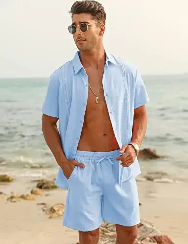 LecGee Linen Sets For Men Button Down Cuban Guayabera Shirt Shorts Set 2 Piece Linen Outfits - MODAZONE (1)