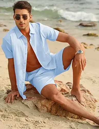 LecGee Linen Sets For Men Button Down Cuban Guayabera Shirt Shorts Set 2 Piece Linen Outfits - 4