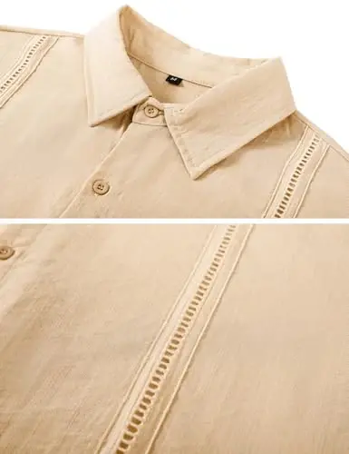 LecGee Erkekler İçin Keten Takımlar Düğmeli Küba Guayabera Gömlek Şort Takımı 2 Parça Keten Kıyafetler - 5