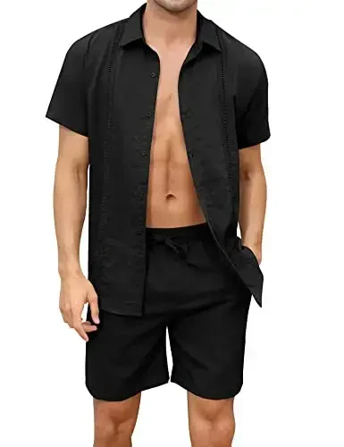 LecGee Linen Sets For Men Button Down Cuban Guayabera Shirt Shorts Set 2 Piece Linen Outfits 