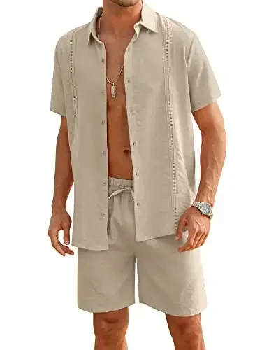 LecGee Linen Sets For Men Button Down Cuban Guayabera Shirt Shorts Set 2 Piece Linen Outfits 