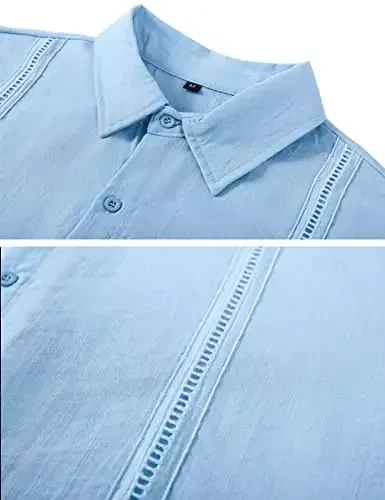 LecGee Linen Sets For Men Button Down Cuban Guayabera Shirt Shorts Set 2 Piece Linen Outfits - 5