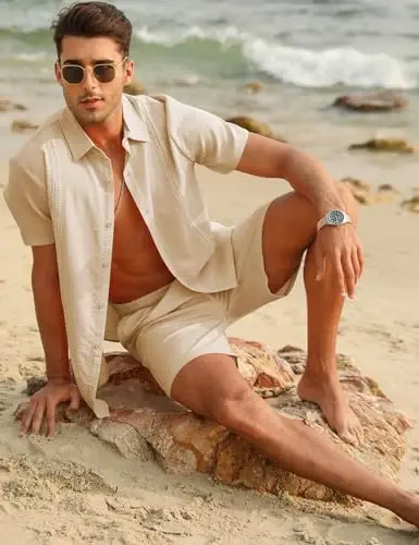 LecGee Linen Sets For Men Button Down Cuban Guayabera Shirt Shorts Set 2 Piece Linen Outfits - 4