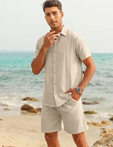 LecGee Linen Sets For Men Button Down Cuban Guayabera Shirt Shorts Set 2 Piece Linen Outfits - LECGEE (1)