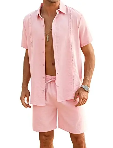 LecGee Linen Sets For Men Button Down Cuban Guayabera Shirt Shorts Set 2 Piece Linen Outfits - LECGEE