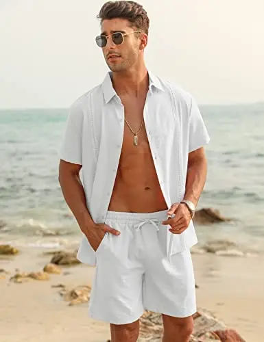 LecGee Linen Sets For Men Button Down Cuban Guayabera Shirt Shorts Set 2 Piece Linen Outfits - 3
