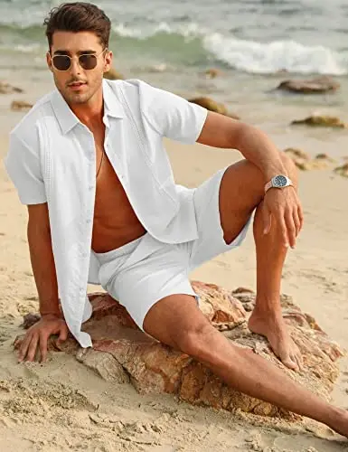 LecGee Linen Sets For Men Button Down Cuban Guayabera Shirt Shorts Set 2 Piece Linen Outfits - 4