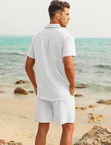 LecGee Linen Sets For Men Button Down Cuban Guayabera Shirt Shorts Set 2 Piece Linen Outfits - LECGEE (1)