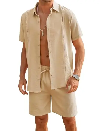 LecGee Linen Sets For Men Button Down Cuban Guayabera Shirt Shorts Set 2 Piece Linen Outfits 
